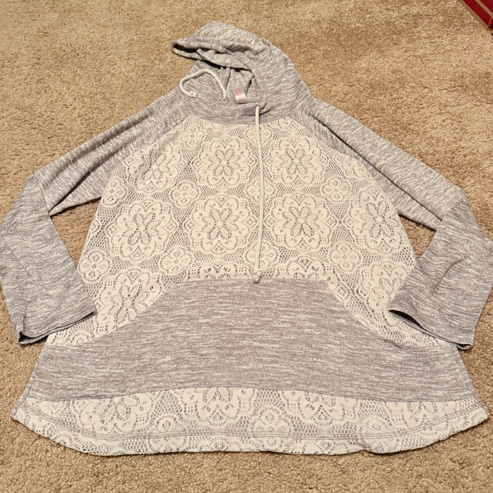 No Boundaries Beach Fog Grey Marled Lace Overlay Hoodie XXL